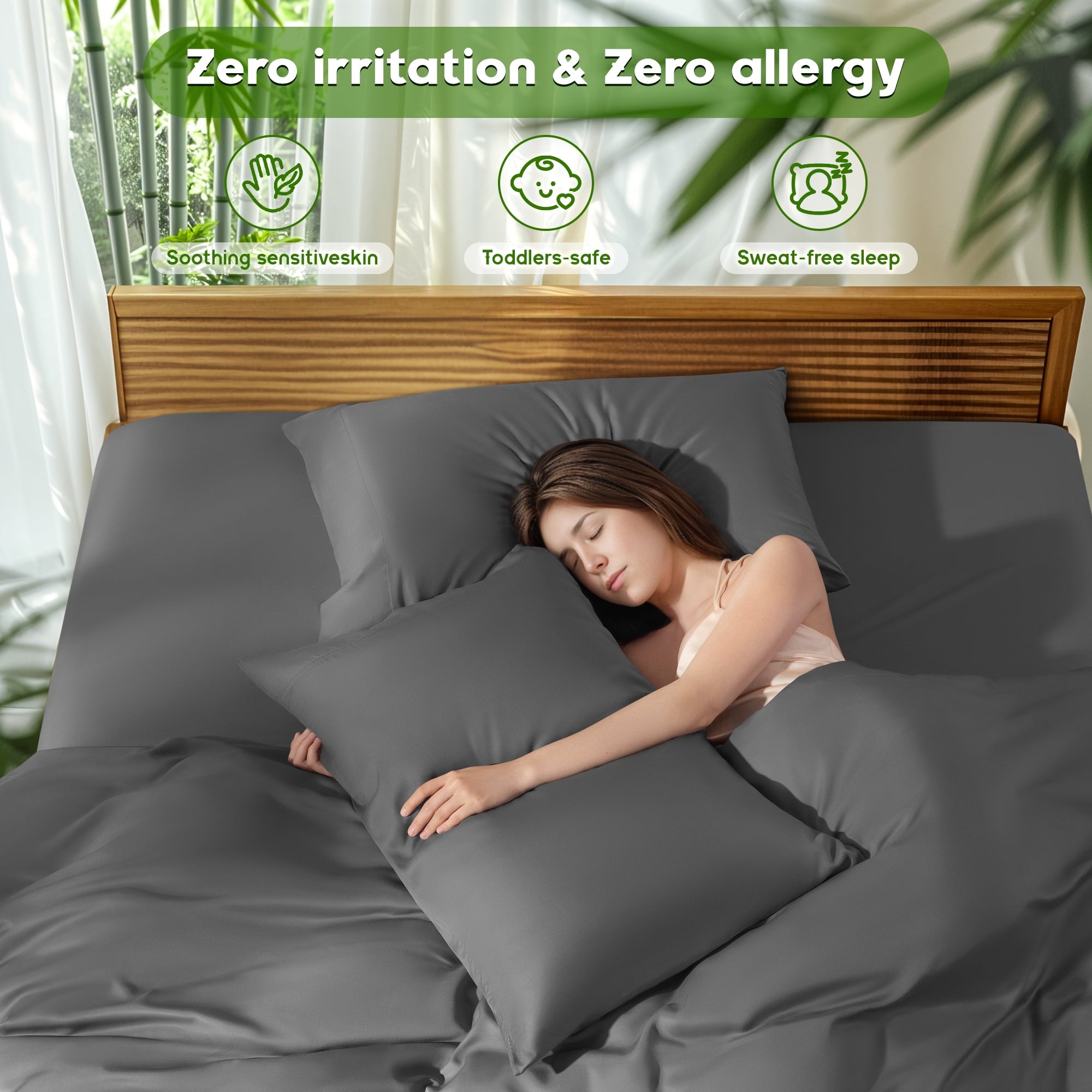 Sonoro Kate Luxury Bamboo Bed Sheet Set - Deep Pockets - 4 Piece, Queen, Dark Gray