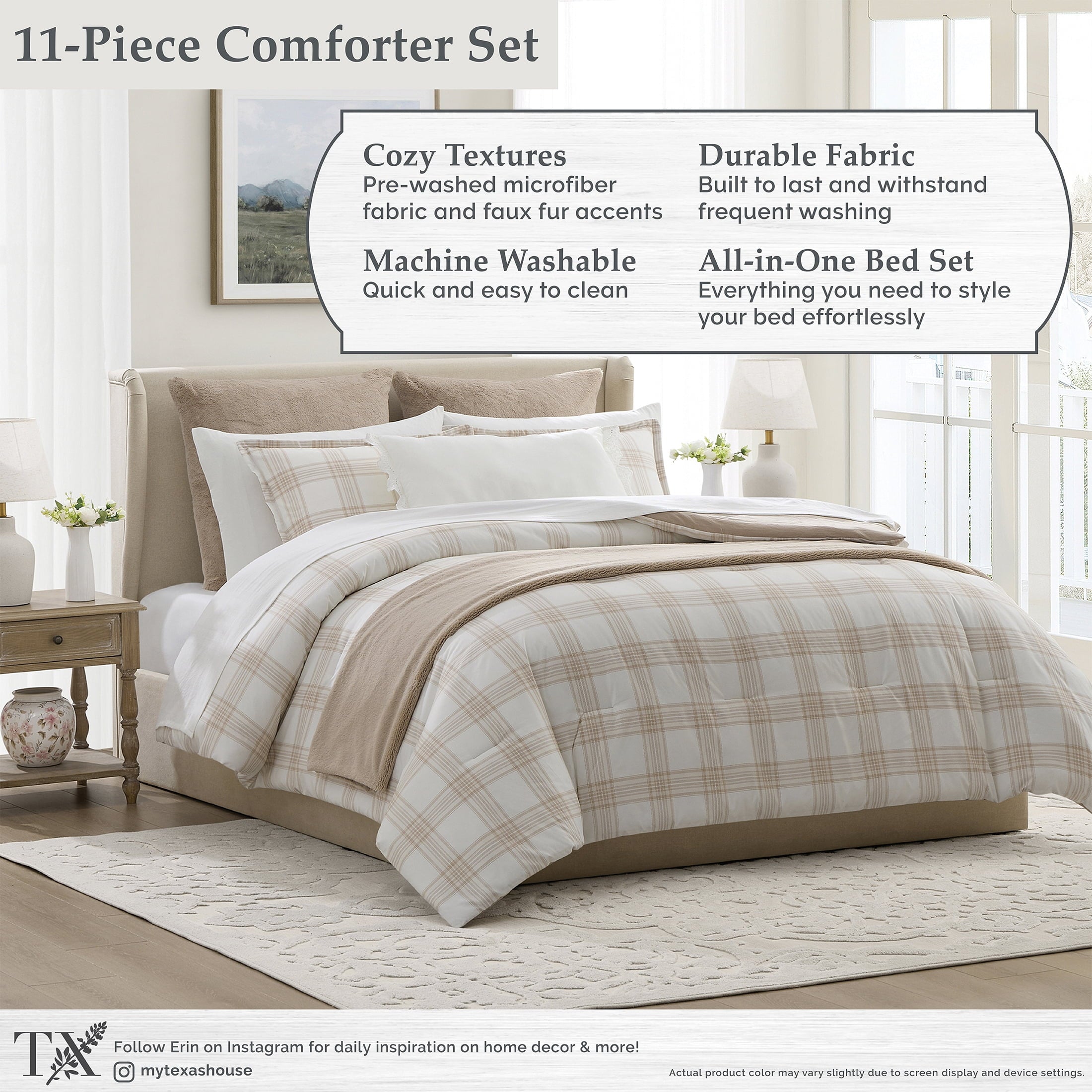 My Texas House Plaid 11-Piece Comforter Set with Sheets, Taupe, Queen