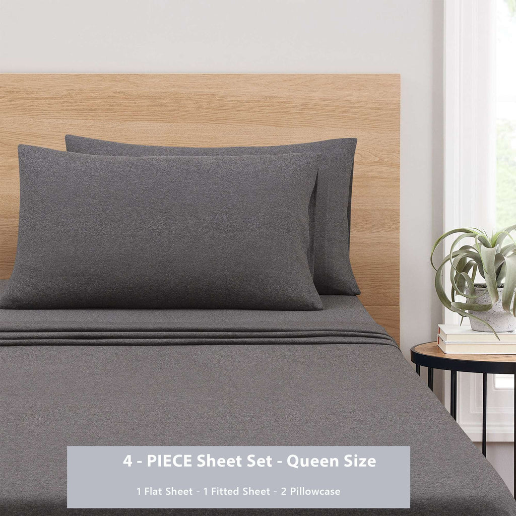 Mainstays Cotton Rich Extra Soft Jersey Bed Sheet Set, Queen, Charcoal, 4 Pieces