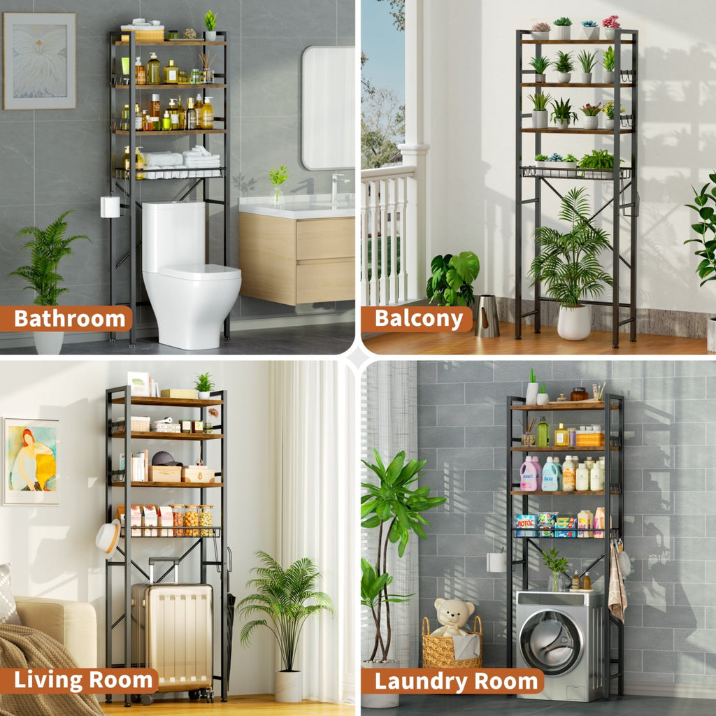 Capri Over The Toilet Storage Shelf, 4-Tier Freestanding Bathroom Organizers and Storage, above Toilet Space Saver Rack with Adjustable Shelves, Toilet Paper Holder and 9-Hooks, Rustic Brown