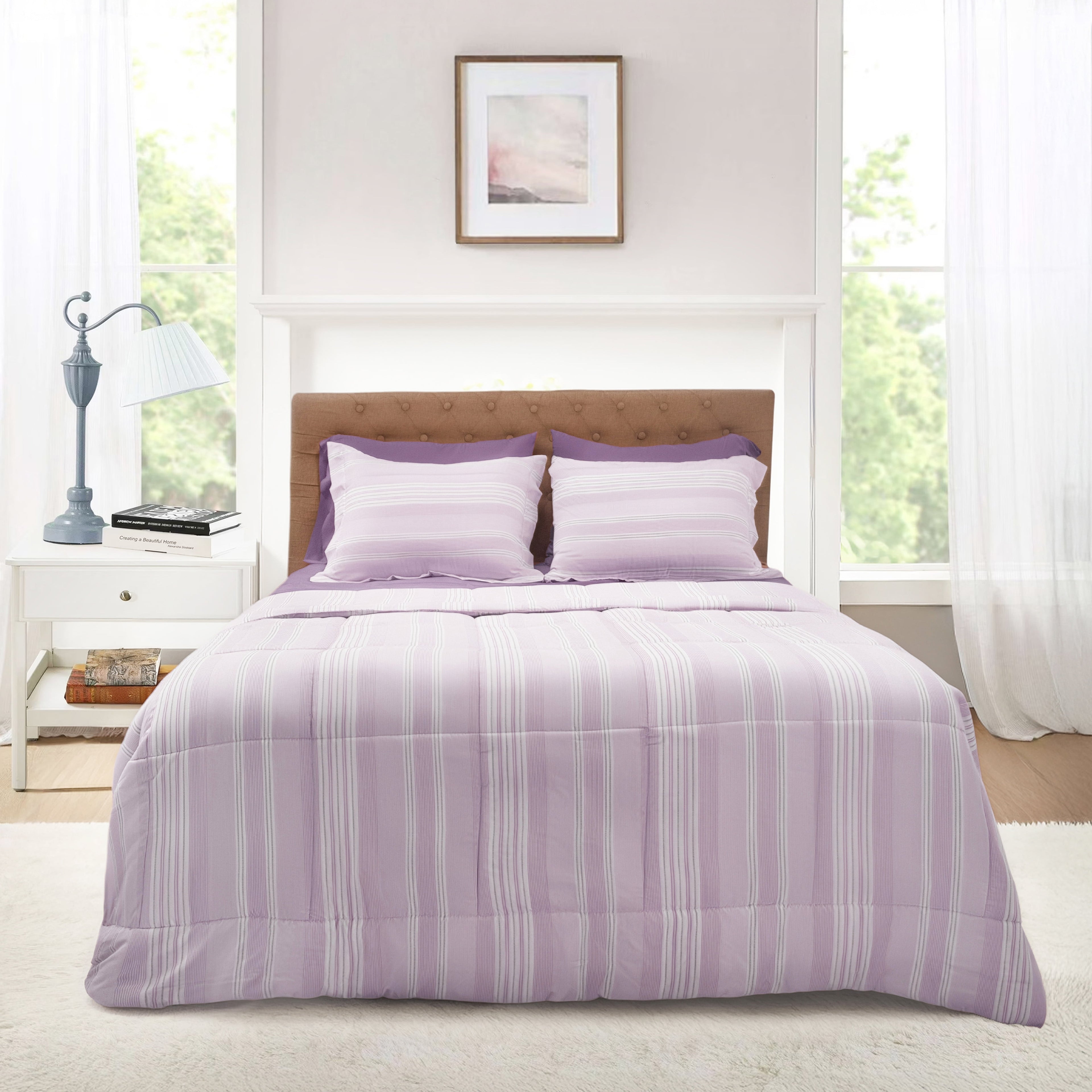 Mainstays All in One Reversible Comforter and Sheet Set- 7 Piece, Queen, Blue Pinstripe