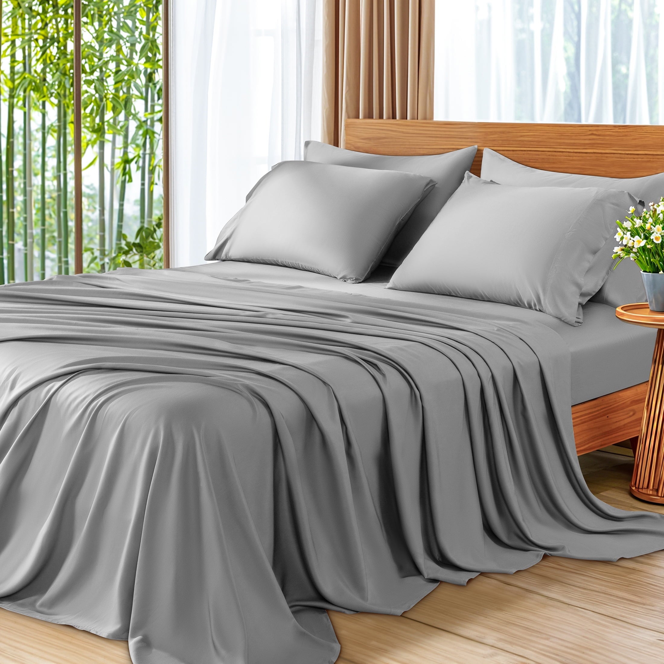 SONORO KATE 6 Pieces Bamboo Bed Sheets Set, Luxury Rayon Derived - Deep Pockets - Wrinkle Free - Extremely Soft, Queen, Dark Gray