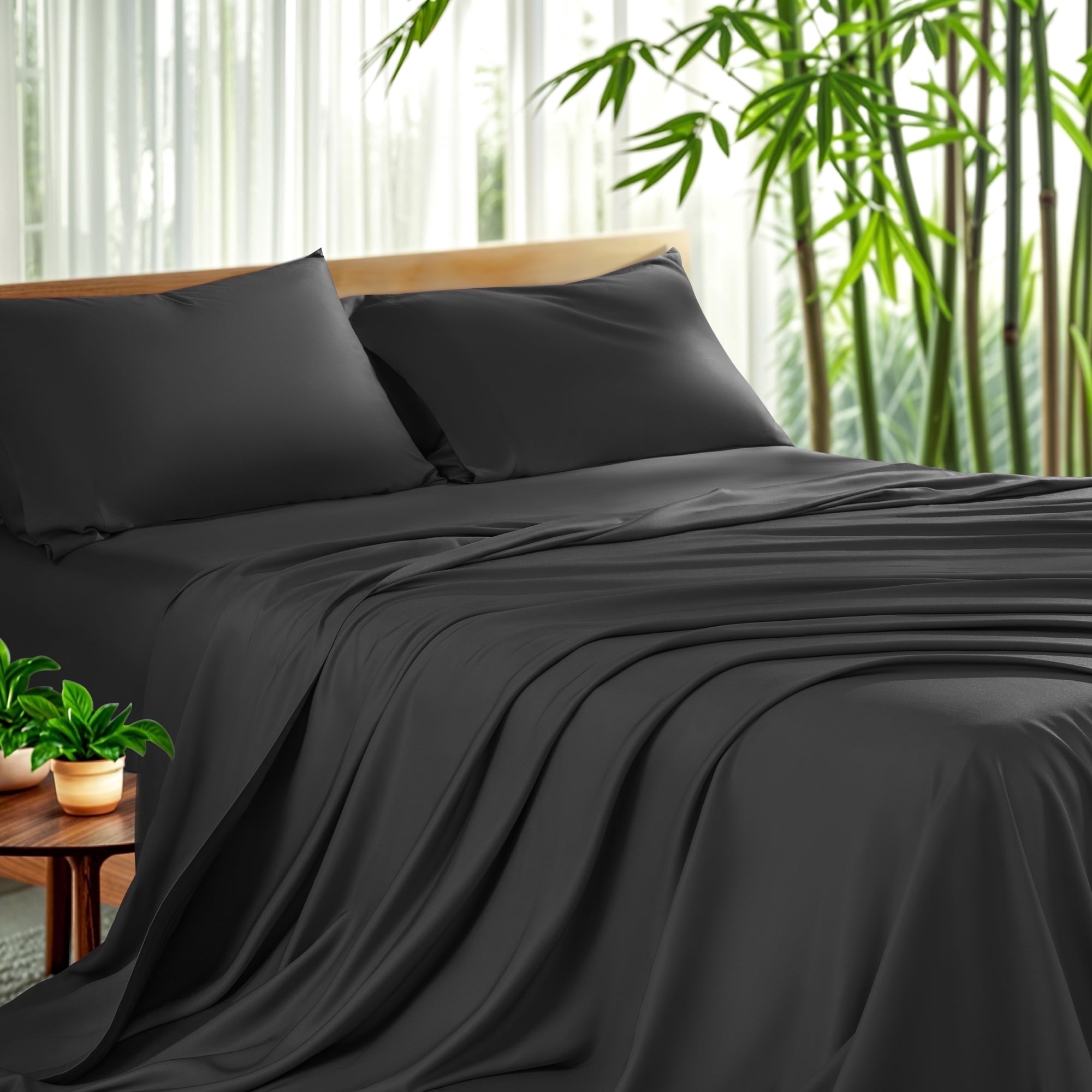 Sonoro Kate Luxury Bamboo Bed Sheet Set - Deep Pockets - 4 Piece, Queen, Dark Gray