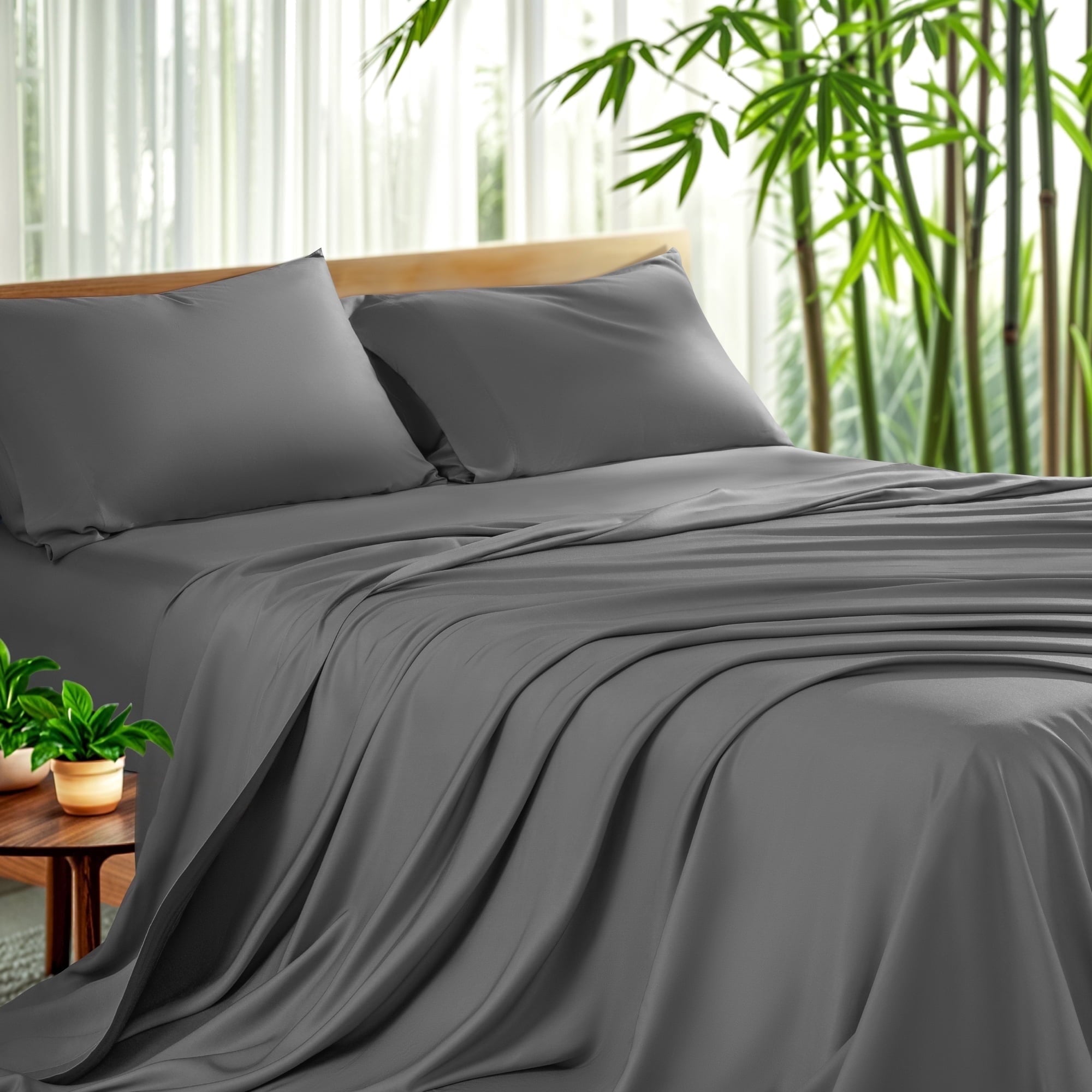 Sonoro Kate Luxury Bamboo Bed Sheet Set - Deep Pockets - 4 Piece, Queen, Dark Gray